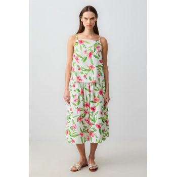 Fusta din amestec de in cu model floral si talie elastica