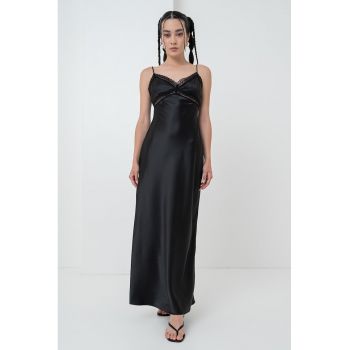 Rochie-furou maxi din satin cu detalii de dantela