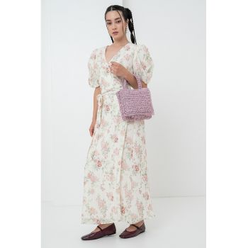 Rochie maxi cu cordon in talie - maneci bufante si model floral
