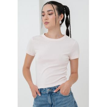 Tricou crop din amestec de bumbac organic cu decolteu rotund