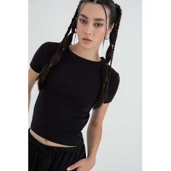 Tricou crop din amestec de bumbac organic cu decolteu rotund