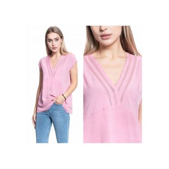 Bluza Dama -  Elisa Lace Inset - Croi Slim - Fara Inchidere - 100% Bumbac - Fara Informatii Despre Culoarea Producatorului - Roz