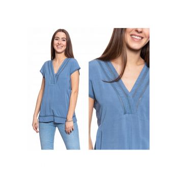 Bluza Dama -  Elisa Lace Inset - Croi Slim - Fara Inchidere - 100% Bumbac - Fara Maneci - Albastru - 1 Bucata