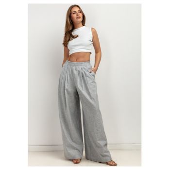 Pantaloni palazzo cu pliuri si talie elastica