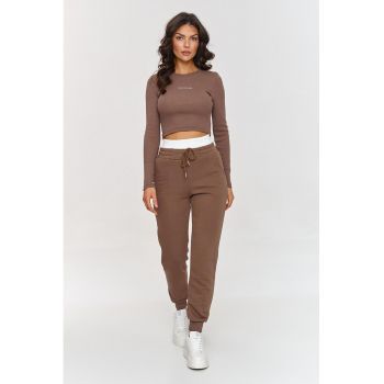 Set de pantaloni sport si bluza cu detaliu logo - Maro taupe -