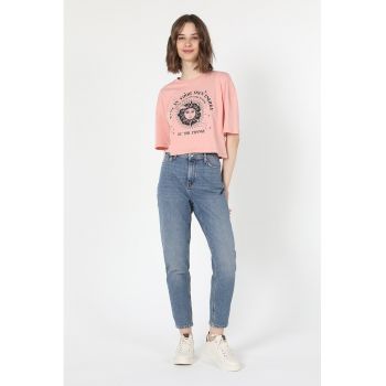 Blugi crop mom-fit cu talie inalta