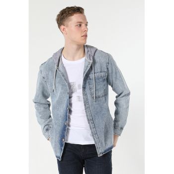 Camasa din denim cu gluga si aspect decolorat