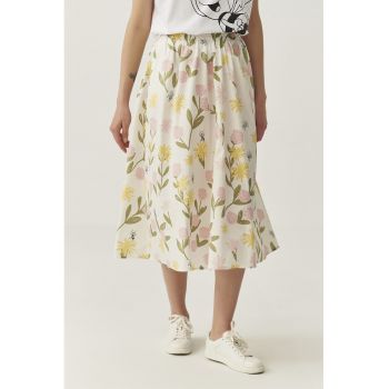 Fusta evazata cu model floral si talie elastica