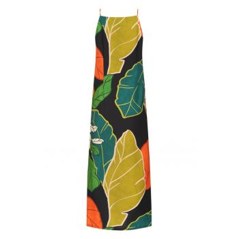 Rochie cu imprimeu tropical si decolteu patrat