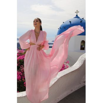 Rochie maxi evazata cu slit pe picior si maneci ample - Roz