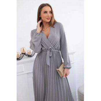 Rochie midi cu croiala petrecuta - maneci lungi si pliuri -