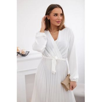 Rochie midi cu croiala petrecuta - maneci lungi si pliuri -