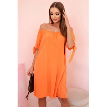 Rochie midi cu decolteu pe umeri si maneci scurte -