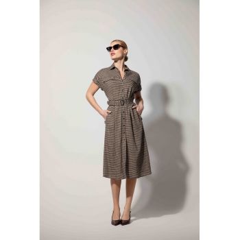 Rochie midi tip camasa cu imprimeu in carouri - Bej inchis