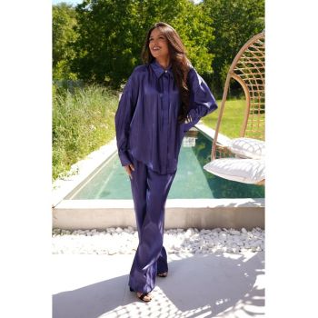 Set de camasa cu maneca cazuta si pantaloni satinati  - Albastru