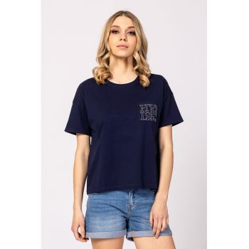 Tricou cu decolteu rotund si logo de strasuri Mirin