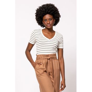 Tricou din amestec de modal cu decolteu in V si model in dungi Mistry