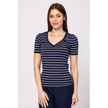 Tricou din amestec de modal cu decolteu in V si model in dungi Mistry