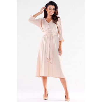 Bej Midi Rochie Maneca trei sferturi A522