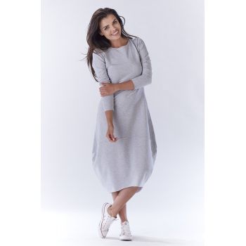 Gri Midi Rochie Maneca trei sferturi - Bumbac A191