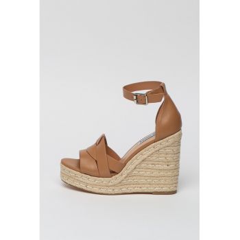 Sandale wedge de piele tip espadrile Camel