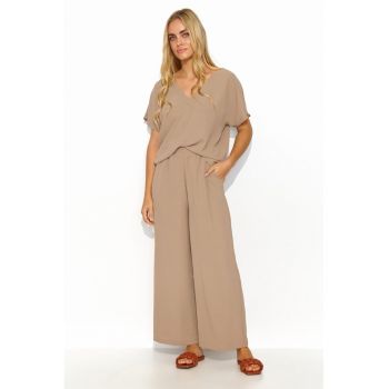 Set de tricou cu decolteu in V si pantaloni lungi - Maro taupe