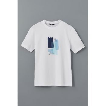 Tricou din bumbac cu decolteu la baza gatului si imprimeu