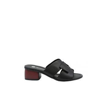 papuci de dama din piele cu curea fixa neagra R8759-01