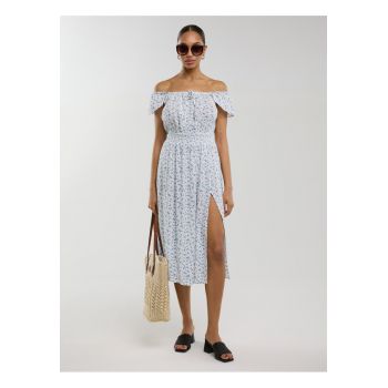 Rochie cu imprimeu floral si despicatura adanca - Alb