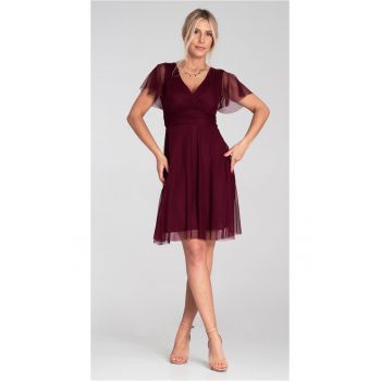 Rochie  bordo - cu maneci din tul - decolteu plic - croi mulat - evazat - material cu captuseala -