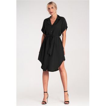 Rochie camasa -  neagra - asimetrica - din viscoza - cu curea - ieftina