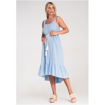 Rochie  cu dungi - asimetrica - volane - albastru deschis - bumbac -