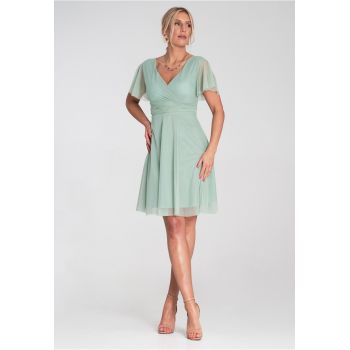 Rochie de petrecere -  menta - tul - decolteu plic - maneci scurte -