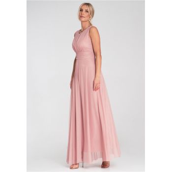 Rochie de seara maxi -  fara maneci - roz - plasa -
