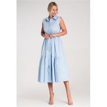 Rochie  eleganta - midi - bumbac - fara maneci - cu curea -