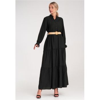 Rochie lunga casual  cu volane - neagra - cu curea - ieftina