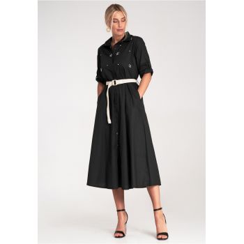 Rochie midi -  cu strasuri - neagra - tip camasa - ieftina