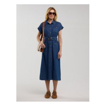 Rochie midi din denim cu buzunare aplicate - Albastru