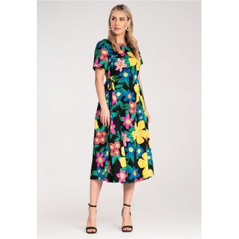 Rochie midi  imprimeu floral intens - material textil usor - cu legaturi laterale -