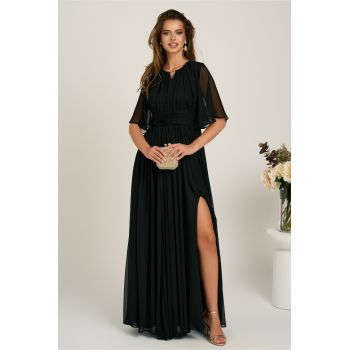 Rochie DY Fashion lunga neagra din voal in clos cu crapatura pe picior ieftina