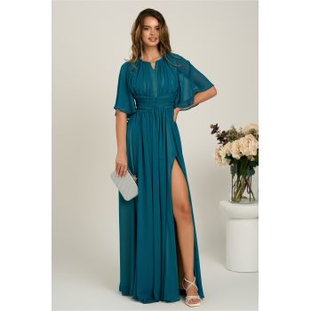 Rochie DY Fashion lunga verde din voal in clos cu crapatura pe picior