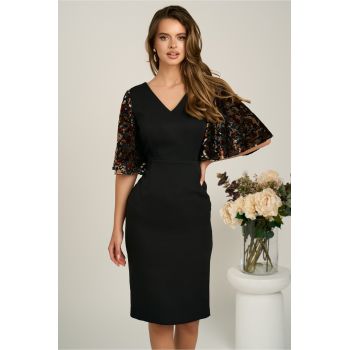 Rochie DY Fashion midi neagra din stofa conica cu maneci cu insertii catilefate maro