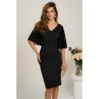 Rochie DY Fashion midi neagra din stofa conica cu maneci din dantela