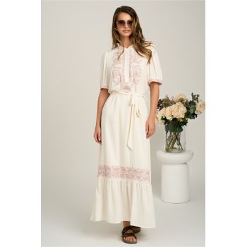 Rochie lunga alba din viscoza cu broderie pastelata si cordon in talie