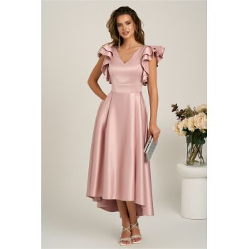 Rochie lunga roz din tafta subtire in clos cu volanase la bust
