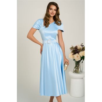 Rochie midi bleu din tafta subtire in clos cu cordon in talie- LaDonna