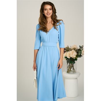 Rochie midi bleu din triplu voal in clos cu cordon in talie
