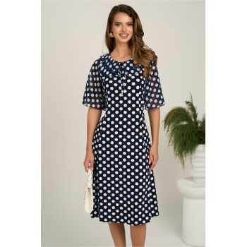 Rochie midi bleumarin din lycra in clini cu buline albe