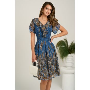 Rochie midi bleumarin din voal in clos cu animal print