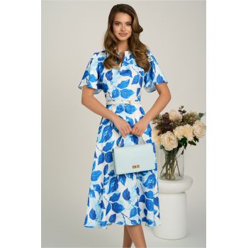 Rochie midi cu imprimeu albastru din triplu voal in clos